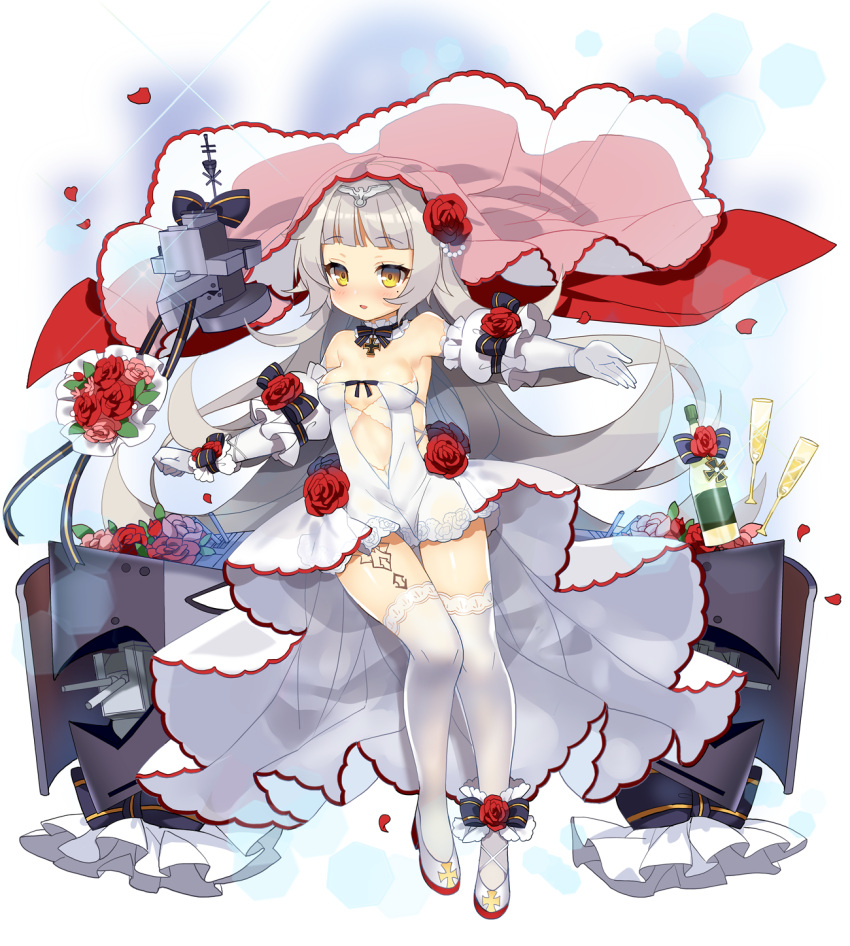 1girl alcohol azur_lane bangs bare_shoulders blue_bow blunt_bangs bmw bouquet bow breasts bridal_veil brown_eyes champagne champagne_bottle champagne_flute commentary_request cup detached_sleeves dress drinking_glass elbow_gloves eyebrows_visible_through_hair flower gloves headpiece highres iron_cross kurot long_hair medium_breasts mole mole_under_eye parted_lips petals pink_flower pink_rose puffy_short_sleeves puffy_sleeves red_flower red_rose rose shoes short_sleeves silver_hair solo sparkle strapless strapless_dress striped striped_bow thigh-highs veil very_long_hair white_dress white_footwear white_gloves white_legwear z46_(azur_lane)