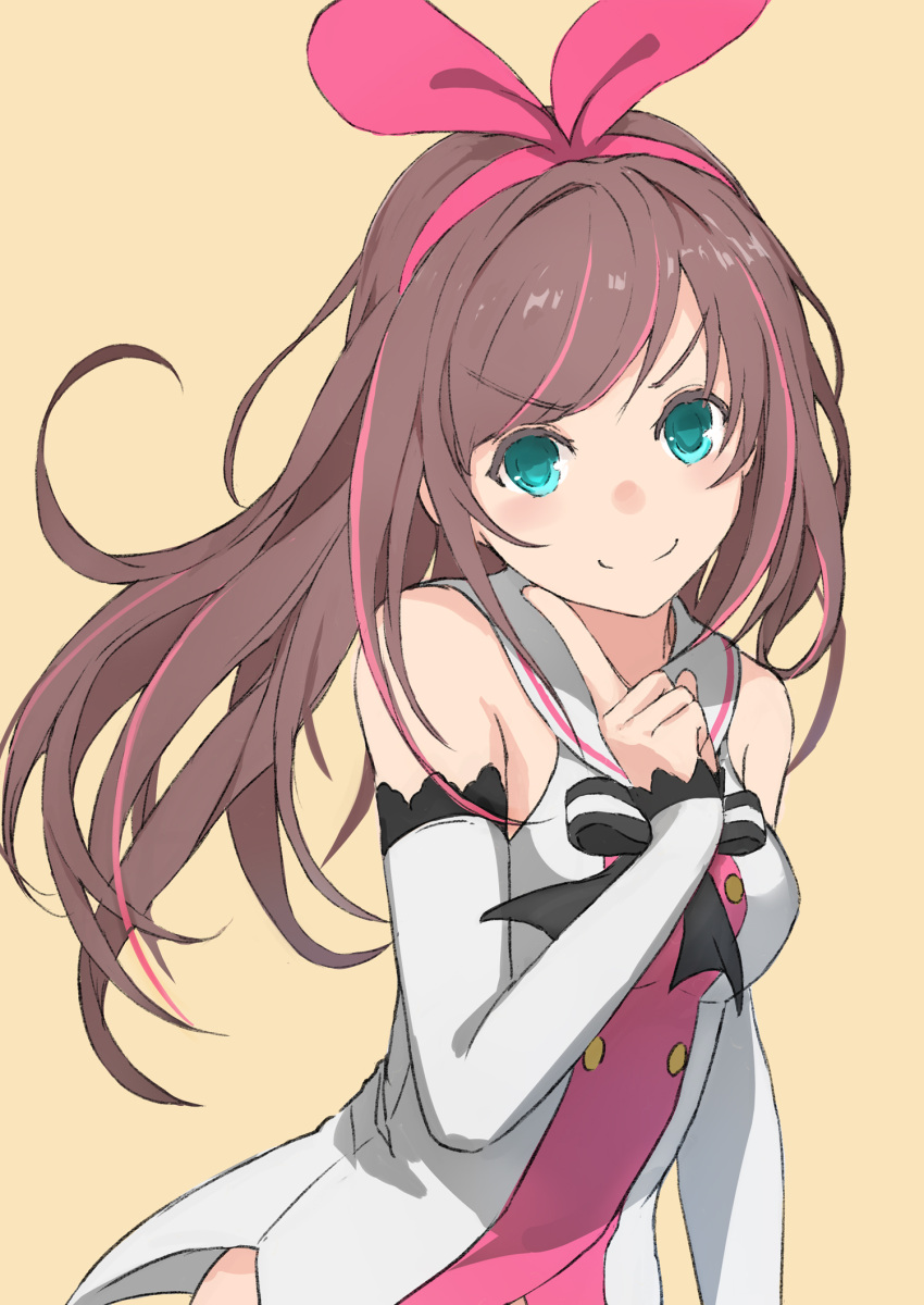 1girl a.i._channel aqua_eyes arm_warmers bangs bow breasts closed_mouth eyebrows_visible_through_hair hairband highres kizuna_ai lace-trimmed_sleeves long_hair looking_at_viewer multicolored_hair pink_bow pink_hair pink_hairband pink_ribbon ribbon sailor_collar shirt simple_background sleeveless sleeveless_shirt smile solo streaked_hair swept_bangs two-tone_hair upper_body virtual_youtuber white_sailor_collar yukihiko_(tyabobo)