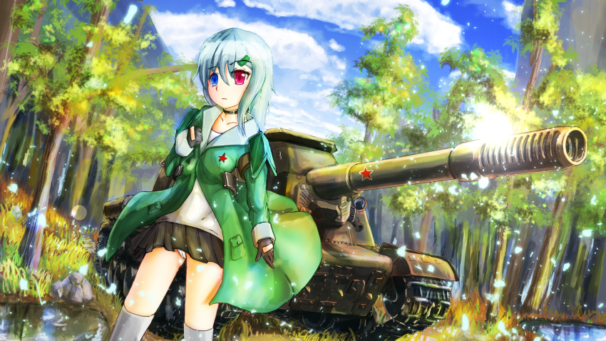 1girl artist_request blue_hair borrowed_character breasts caterpillar_tracks clouds forest ground_vehicle highres isu-152 jacket lake long_hair military military_vehicle motor_vehicle mountain nature panties rock self-propelled_gun skirt sky stone tank tree underwear white_panties world_of_tanks