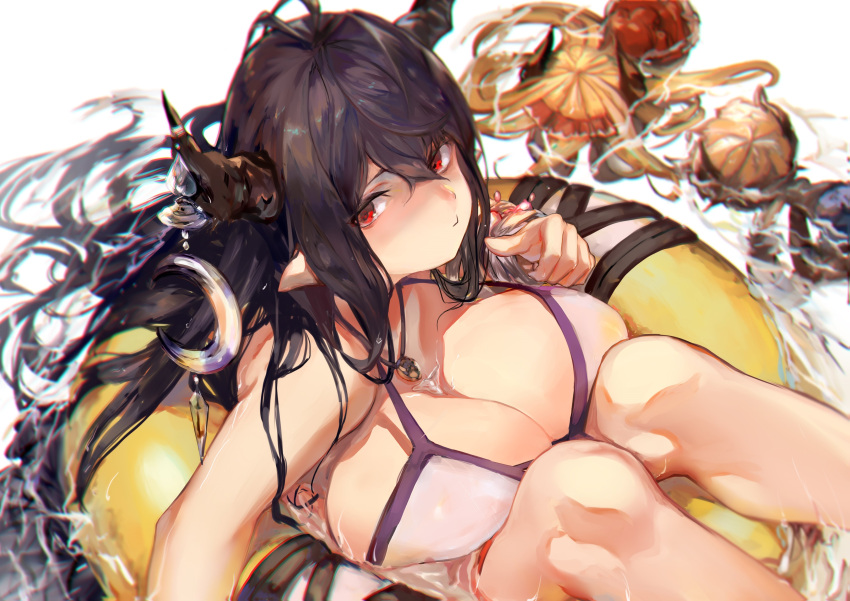 1girl absurdres bandage bandaged_arm bandages bikini breasts cleavage crescent danua doroyoi_san draph granblue_fantasy hair_between_eyes highres horn_ornament horns innertube jewelry large_breasts long_hair necklace pointy_ears red_eyes swimsuit water wet