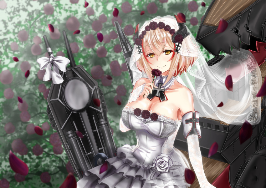 1girl alternate_costume armpits azur_lane bangs bare_shoulders blonde_hair blush bow breasts bridal_gauntlets bridal_veil bride brown_eyes cannon chushou_wang cleavage closed_mouth collarbone day detached_collar dress eyebrows_visible_through_hair flower gloves hair_between_eyes head_tilt highres holding holding_flower iron_cross lace lace-trimmed_dress large_breasts layered_dress looking_at_viewer machinery multicolored_hair outdoors petals red_flower red_rose redhead rigging roon_(azur_lane) rose short_hair smile solo strapless strapless_dress streaked_hair veil wedding_dress white_bow white_dress white_gloves