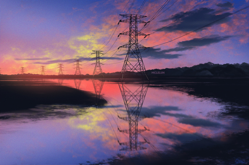 artist_name blender_(medium) blue_sky commentary english_commentary highres making_of mclelun no_humans original outdoors photoshop_(medium) power_lines purple_sky reflection river scenery signature sky sunset transmission_tower twilight