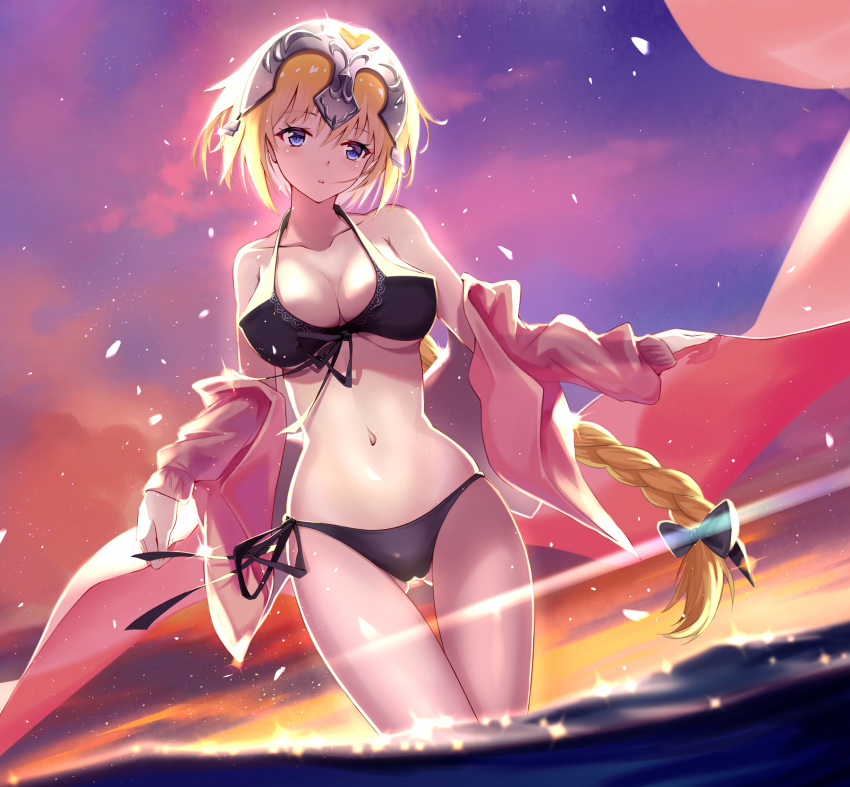 1girl augu_(523764197) bangs bikini blonde_hair blush bow braid breasts clouds collarbone dutch_angle eyebrows_visible_through_hair fate/grand_order fate_(series) gluteal_fold hair_between_eyes hair_bow highres jeanne_d'arc_(fate)_(all) jeanne_d'arc_(swimsuit_archer) large_breasts long_hair long_sleeves looking_at_viewer ocean outdoors parted_lips shawl sidelocks single_braid sky solo sparkle sunset swimsuit wading wind