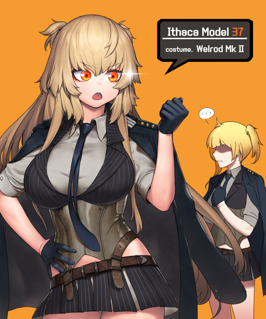 ... 2girls bangs belt black_gloves black_neckwear blonde_hair blush braid breasts brown_hair buckle cain_(gunnermul) character_name collared_shirt collared_vest corset cosplay eyebrows_visible_through_hair girls_frontline gloves hair_between_eyes hair_ribbon half_gloves hand_on_hip highres ithaca_m37_(girls_frontline) jacket jacket_on_shoulders large_breasts long_hair looking_at_hand medium_breasts miniskirt multiple_girls necktie orange_background orange_eyes parted_lips pleated_skirt ribbon shirt short_hair short_sleeves sidelocks simple_background skirt sparkle spoken_ellipsis striped_vest taut_clothes taut_shirt twintails very_long_hair vest welrod_mk2_(girls_frontline) welrod_mk2_(girls_frontline)_(cosplay) white_shirt