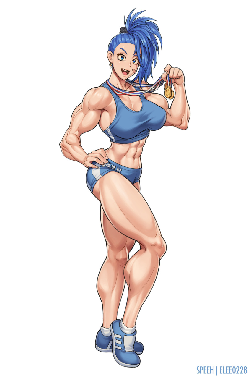 1girl abs absurdres artist_name biceps blue_eyes blue_hair breasts captain_mizuki cleavage collaboration earrings elee0228 full_body hair_ornament hair_scrunchie hand_on_hip highres jewelry large_breasts long_hair looking_at_viewer medal muscle muscular_female one-punch_man open_mouth ponytail scrunchie shoes shorts smile sneakers socks solo speh sports_bra standing thick_thighs thighs white_background