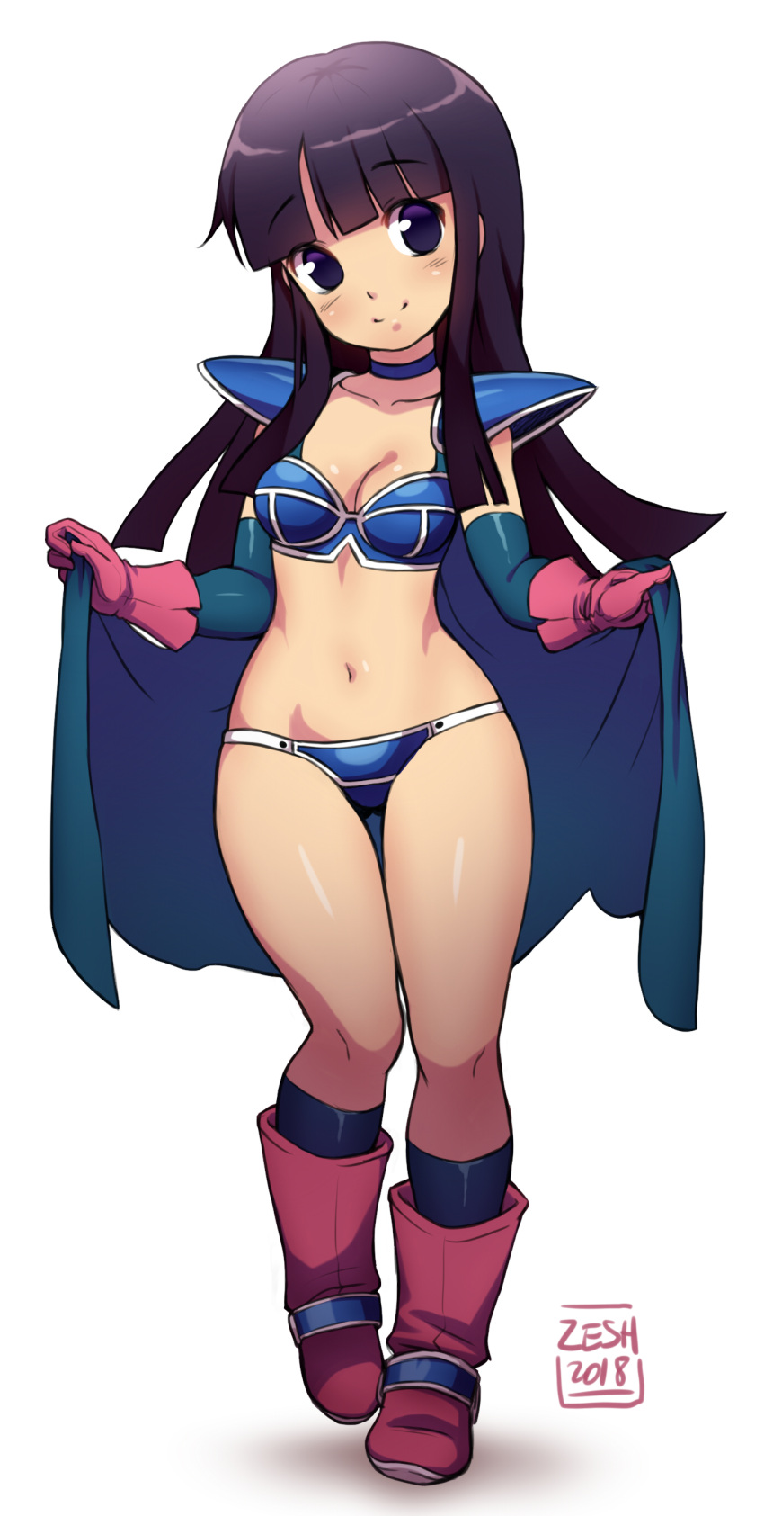 1girl 2018 absurdres armor bangs bikini_armor black_hair blue_choker blunt_bangs blush boots breasts cape chi-chi_(dragon_ball) choker cleavage closed_mouth dragon_ball eyebrows_visible_through_hair female full_body gloves hands_up head_tilt highres hime_cut holding holding_cape long_hair looking_at_viewer no_headwear no_helmet pink_footwear pink_gloves shirt simple_background smile solo standing violet_eyes white_shirt zeshgolden