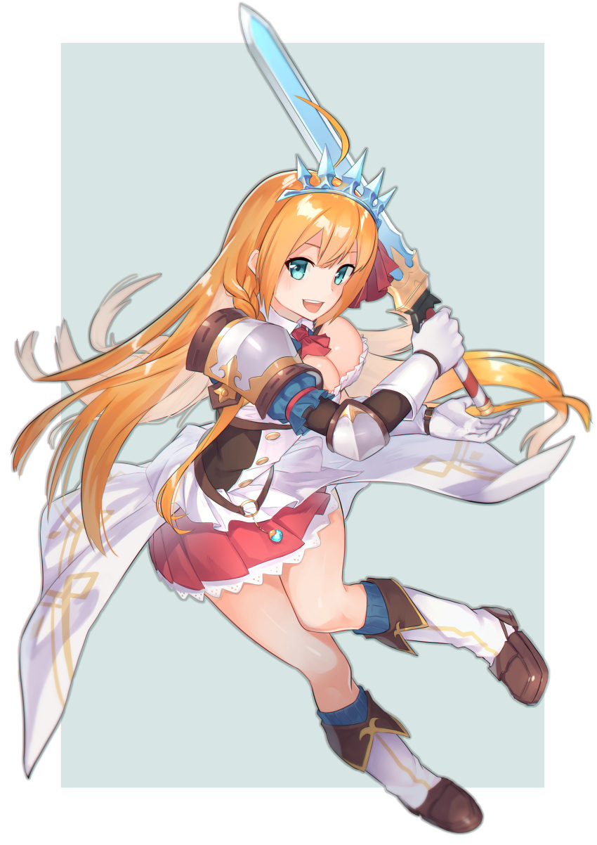 1girl absurdres ahoge armor blonde_hair blue_eyes breasts cleavage dress gloves hair_between_eyes hair_ribbon highres large_breasts long_hair open_mouth pecorine princess_connect! princess_connect!_re:dive ribbon sho_bu_1116 short_sleeves solo tiara