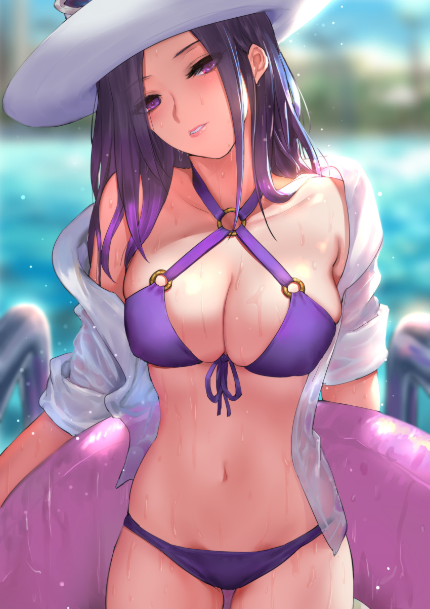 1girl bangs bikini blurry blurry_background caitlyn_(league_of_legends) criss-cross_halter depth_of_field eyes_visible_through_hair front-tie_bikini front-tie_top half-closed_eyes halterneck hat head_tilt highres innertube league_of_legends medium_hair navel o-ring o-ring_bikini o-ring_top off_shoulder open_clothes open_shirt outdoors parted_bangs parted_lips pd_(pdpdlv1) pool_party_caitlyn purple_bikini purple_hair shirt sidelocks solo swimsuit violet_eyes wet wet_clothes wet_shirt