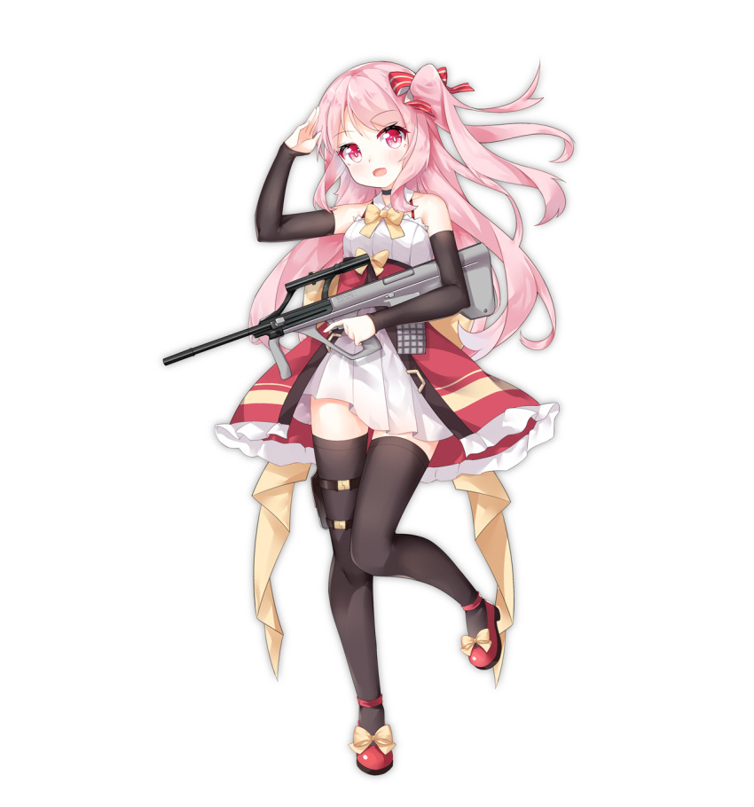 1girl :d arm_up arm_warmers assault_rifle bangs bare_shoulders black_legwear blush bow brown_bow bullpup chihong_de_tianshi commentary_request eyebrows_visible_through_hair fang full_body gun hair_bow head_tilt highres holding holding_gun holding_weapon long_hair looking_at_viewer mary_janes one_side_up open_mouth original pink_hair pleated_skirt red_bow red_eyes red_footwear red_skirt rifle salute shirt shoes skirt sleeveless sleeveless_shirt smile solo standing standing_on_one_leg steyr_aug striped striped_bow thigh-highs trigger_discipline very_long_hair weapon white_background white_shirt white_skirt