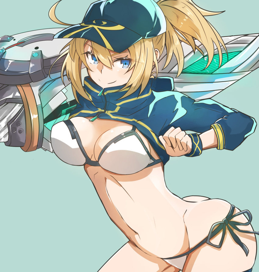 1girl absurdres ahoge aqua_background artoria_pendragon_(all) ass bikini blonde_hair blue_eyes breasts butt_crack cleavage eyebrows_visible_through_hair fate/grand_order fate_(series) gin_moku groin groin_tendon hair_between_eyes hat highres large_breasts medium_breasts mysterious_heroine_xx_(foreigner) navel ponytail side-tie_bikini smile solo swimsuit