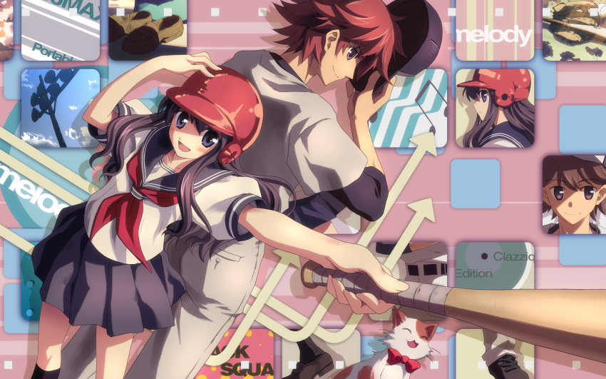 1boy 1girl :d absurdres baseball baseball_bat baseball_helmet cat dj_max dj_max_portable helmet highres loafers open_mouth scan school_uniform serafuku shoes skirt smile wallpaper yuuki_tatsuya