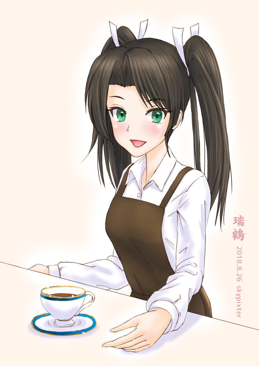 1girl absurdres apron artist_name blush brown_hair cup dated graphite_(medium) green_eyes highres kantai_collection long_sleeves mechanical_pencil pencil ribbon simple_background skypixter solo teacup traditional_media twintails white_ribbon zuikaku_(kantai_collection)