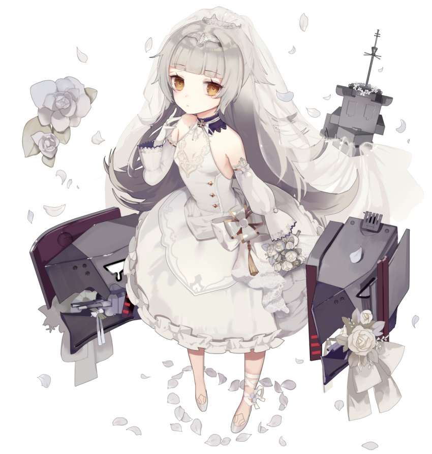 1girl azur_lane bangs bare_shoulders blunt_bangs blush bouquet bow breasts bridal_veil brown_eyes cannon closed_mouth commentary_request detached_sleeves dress eyebrows_visible_through_hair flower gloves hand_up headpiece highres holding holding_bouquet leg_ribbon long_hair long_sleeves looking_at_viewer mole mole_under_eye petals puffy_long_sleeves puffy_sleeves ribbon rose see-through shoes silver_hair simple_background sleeveless sleeveless_dress small_breasts solo turret veil very_long_hair white_background white_bow white_dress white_flower white_footwear white_gloves white_ribbon white_rose yukisame z46_(azur_lane)