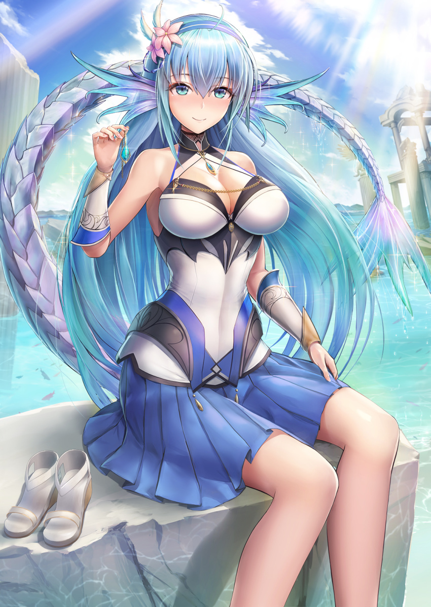 1girl ahoge animal_ears aqua_hair aquamarine_(stone) armor armpits bangs bare_legs bare_shoulders blue_hair blue_skirt blue_sky blush breasts chains cleavage cleavage_cutout closed_mouth clouds day dragon dragon_ears dragon_girl eyebrows_visible_through_hair fantasy feet_out_of_frame flower gauntlets hair_between_eyes hair_flower hair_ornament hairband highres holding_necklace jewelry large_breasts long_hair looking_at_viewer morichika_shuuto multicolored_hair nail_polish ocean original outdoors pendant pink_nails pleated_skirt purple_hair ripples rock ruins sandals_removed sidelocks sitting skirt sky smile solo sparkle summer sunlight tail very_long_hair water wet_tail