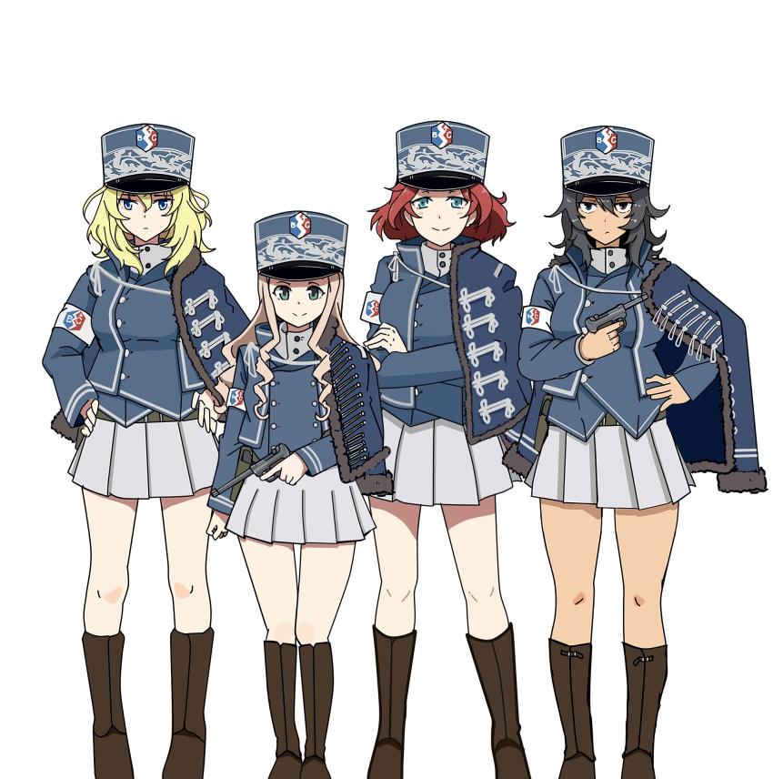 4girls adapted_uniform andou_(girls_und_panzer) armband azumi_(girls_und_panzer) bangs bc_freedom_(emblem) bc_freedom_military_uniform black_footwear black_hair blonde_hair blue_eyes blue_hat blue_jacket blue_vest boots brown_eyes closed_mouth commentary_request crossed_arms dark_skin dress_shirt dress_uniform drill_hair emblem girls_und_panzer green_eyes gun hand_on_hip hands_on_hips hat high_collar highres holding holding_gun holding_weapon jacket jacket_on_shoulders knee_boots korean_commentary light_frown long_hair long_sleeves looking_at_viewer marie_(girls_und_panzer) medium_hair messy_hair military military_hat military_uniform miniskirt multiple_girls oshida_(girls_und_panzer) perfect_han pleated_skirt redhead school_connection shako_cap shirt short_hair simple_background skirt smile standing symbol_commentary uniform vest weapon weapon_request white_background white_shirt white_skirt zipper