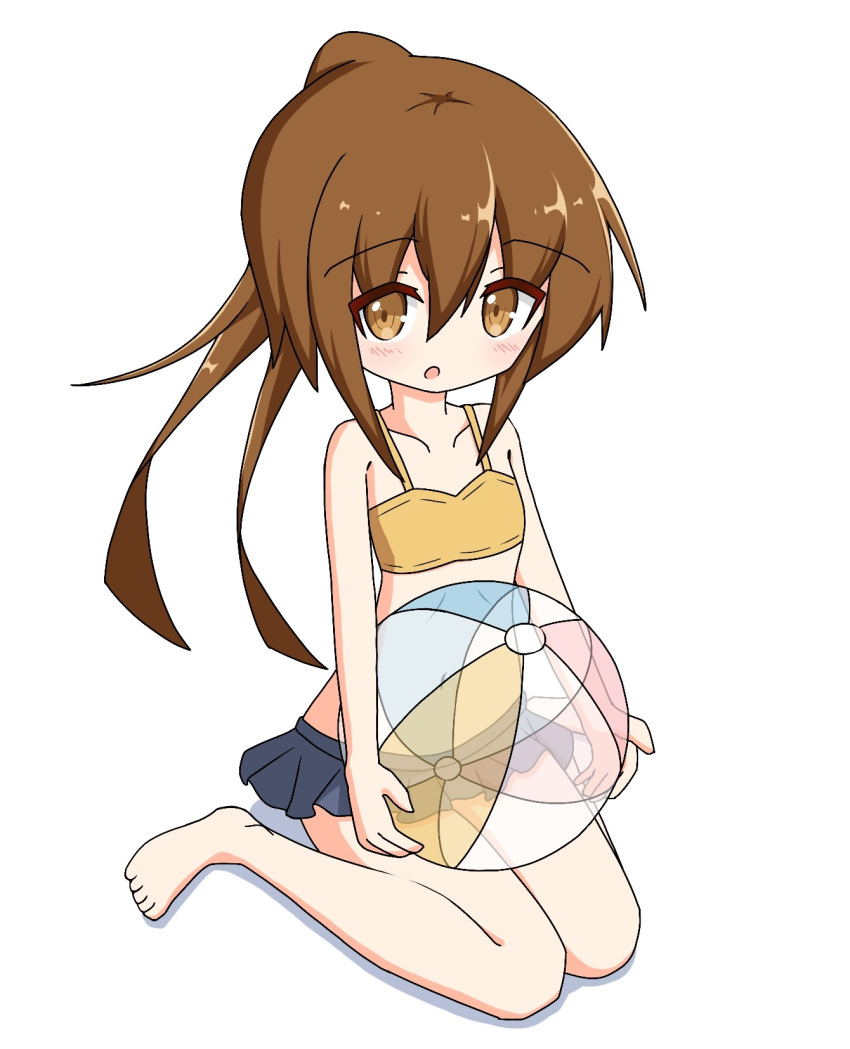 1girl :o ball bangs bare_arms bare_legs bare_shoulders barefoot beachball bikini_top blue_skirt blush brown_bikini_top brown_eyes brown_hair collarbone commentary_request eyebrows_visible_through_hair full_body fumizuki_(kantai_collection) hair_between_eyes high_ponytail highres holding holding_ball ichi kantai_collection long_hair parted_lips pleated_skirt ponytail shadow sidelocks sitting skirt solo transparent very_long_hair wariza white_background