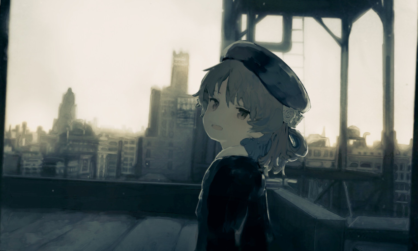 1girl bangs beret black_hat black_sweater blouse brown_eyes brown_hair building city cityscape collared_shirt day facing_to_the_side fang flower hair_between_eyes hair_flower hair_ornament hair_rings hat hatoba_tsugu hatoba_tsugu_(character) light_smile long_hair long_sleeves looking_at_viewer open_mouth outdoors rooftop rose shirt sidelocks solo standing sweater upper_body virtual_youtuber white_blouse white_flower white_rose white_shirt yoshioka_yoshiko