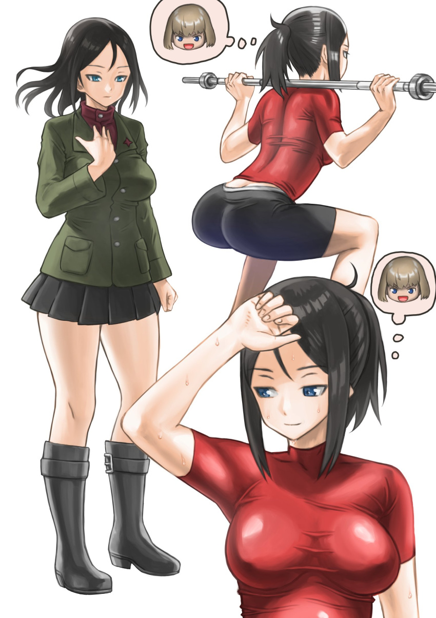 1girl alternate_footwear alternate_hairstyle ass back bangs barbell bike_shorts black_footwear black_hair black_skirt blonde_hair blue_eyes boots breasts clenched_hand closed_mouth commentary emblem girls_und_panzer green_jacket hair_up hand_on_own_chest highres jacket katyusha light_frown light_smile long_hair long_sleeves looking_to_the_side medium_breasts miniskirt multiple_views nonna pleated_skirt pravda_school_uniform red_shirt school_uniform shirt short_ponytail short_sleeves skirt squatting standing sweat swept_bangs thought_bubble tight_shirt turtleneck weightlifting wind wiping_forehead yamano_rita