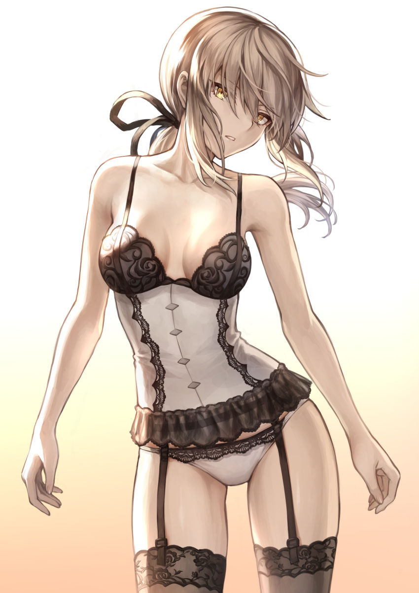 1girl arms_at_sides artoria_pendragon_(all) bare_shoulders blonde_hair bow bra breasts cleavage collarbone commentary_request contrapposto cowboy_shot eyebrows_visible_through_hair eyes_visible_through_hair fate/grand_order fate_(series) floral_print frilled_panties frills garter_belt garter_straps gradient gradient_background hair_bow head_tilt highres lingerie long_hair looking_at_viewer mashu_003 medium_breasts pale_skin panties parted_lips ponytail red_background saber_alter see-through sidelocks solo standing thigh-highs thighs twitter_username underwear underwear_only white_panties yellow_eyes