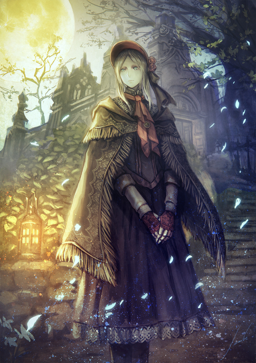 1girl anbe_yoshirou bangs bloodborne blue_eyes bonnet building cape closed_mouth doll_joints flower fringe full_moon hands_together highres lantern long_hair long_skirt moon outdoors parted_bangs plain_doll purple_skirt red_flower red_rose rose skirt solo stairs standing tree v_arms white_hair