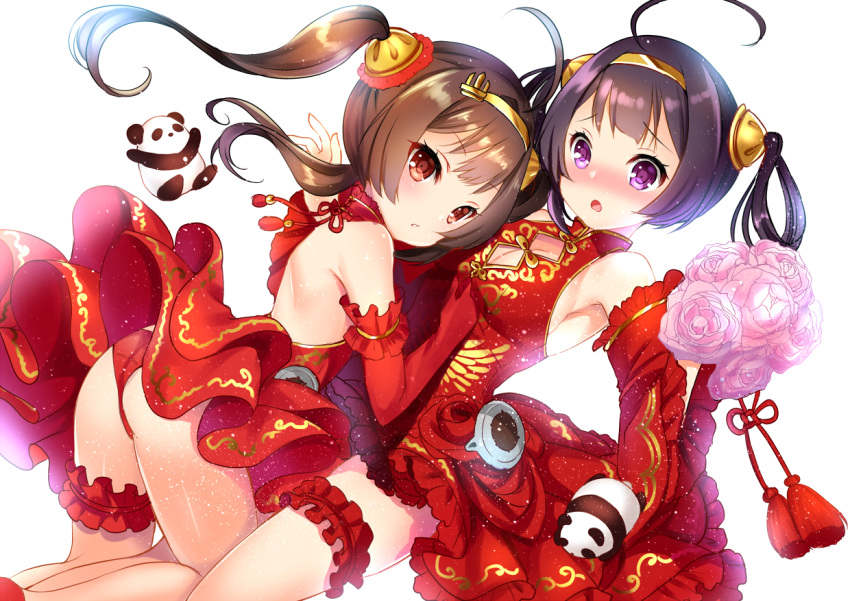 2girls :o ahoge alternate_costume arm_garter armpits ass azur_lane bangs bare_shoulders blunt_bangs blush breasts brown_hair china_dress chinese_clothes cleavage cleavage_cutout commentary_request detached_sleeves dress elbow_gloves flower frilled_sleeves frills from_behind gloves hair_rings hairband hairpods halter_dress kneeling koyama_sao leaning_forward leg_garter light_particles long_hair long_sleeves looking_at_viewer looking_back medium_breasts multiple_girls ning_hai_(azur_lane) nose_blush open_mouth panties ping_hai_(azur_lane) pink_flower pink_rose print_dress purple_hair red_dress red_eyes red_gloves red_panties rose shiny shiny_clothes shiny_hair simple_background stuffed_animal stuffed_panda stuffed_toy tassel twintails underwear upskirt violet_eyes white_background wide_sleeves