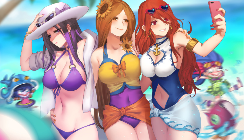 5girls absurdres beach bikini breasts brown_eyes caitlyn_(league_of_legends) cellphone cleavage cleavage_cutout eyewear_on_head flower glasses hair_flower hair_ornament hat heart-shaped_glasses heart-shaped_sunglasses heart_cutout highres image_sample large_breasts league_of_legends leona_(league_of_legends) lulu_(league_of_legends) midriff multiple_girls nail_polish navel navel_cutout one-piece_swimsuit orange_hair palm_tree pd_(pdpdlv1) phone pool_party_caitlyn pool_party_leona pool_party_lulu pool_party_miss_fortune pool_party_zoe purple_hair red_eyes redhead sarah_fortune sarong self_shot sunflower sunflower_hair_ornament sunglasses swimsuit tagme tree yordle zoe_(league_of_legends)