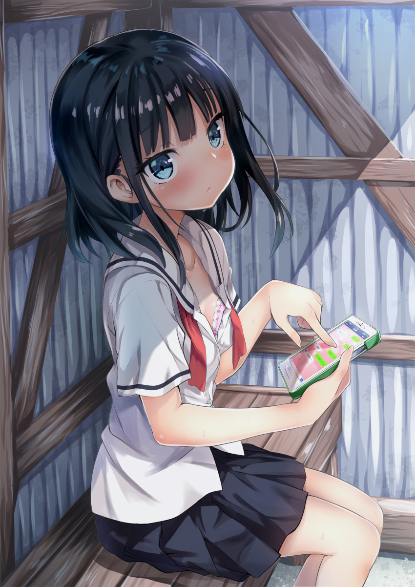 1girl bangs black_hair black_skirt blue_eyes blush bow bow_bra bra bra_peek cellphone collarbone commentary_request day feet_out_of_frame from_side hands_up highres holding holding_cellphone holding_phone hot itakurakou1993 lace lace-trimmed_bra legs_together lips looking_at_viewer looking_to_the_side miniskirt neckerchief open_clothes open_shirt original outdoors phone pink_bow pink_bra pleated_skirt red_neckwear sailor_collar school_uniform serafuku shade shirt short_sleeves sitting skirt smartphone smartphone_case solo summer summer_uniform sunlight sweat unbuttoned unbuttoned_shirt underwear undone_neckerchief white_sailor_collar white_shirt