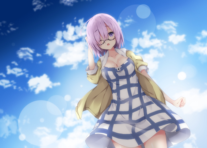 1girl arm_up bangs black-framed_eyewear blue_sky blush breasts cleavage clouds cloudy_sky collarbone commentary_request day dress dutch_angle eyebrows_visible_through_hair fate/grand_order fate_(series) from_below glasses hair_over_one_eye jacket large_breasts looking_at_viewer looking_down mash_kyrielight milkpanda one_eye_closed open_clothes open_jacket open_mouth outdoors plaid plaid_dress puffy_short_sleeves puffy_sleeves purple_hair short_sleeves sky solo standing violet_eyes white_dress yellow_jacket