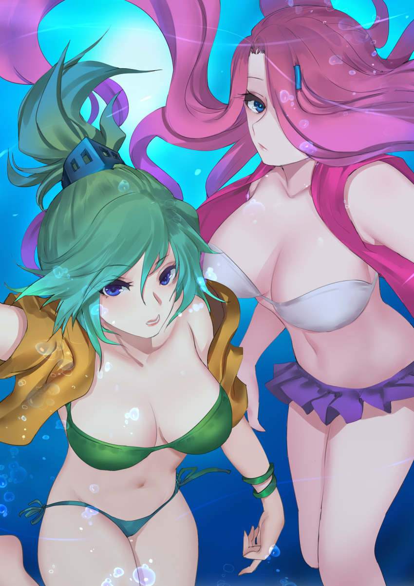 2girls arcade_miss_fortune arcade_riven blue_eyes breasts bubble cleavage green_hair hair_ornament hair_over_one_eye highres large_breasts league_of_legends looking_at_viewer miniskirt multiple_girls navel open_clothes open_mouth pd_(pdpdlv1) pink_hair pleated_skirt riven_(league_of_legends) sarah_fortune skirt tied_hair underwater water