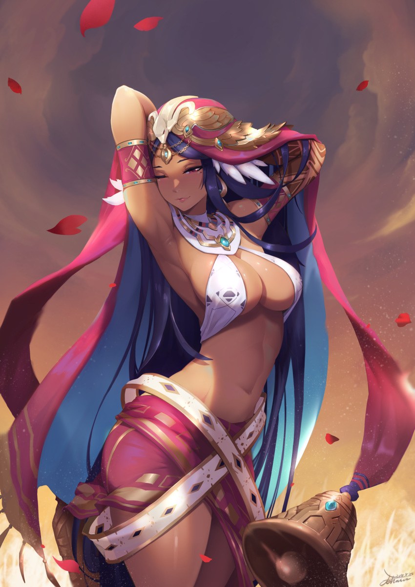 1girl ;) absurdres arm_behind_head arm_tattoo armlet armpits bell breasts cleavage crow_aberdeen dark_skin dated earrings halterneck highres jewelry long_hair mole mole_under_eye navel one_eye_closed petals purple_hair red_eyes revealing_clothes sdorica_-sunset- signature smile solo tattoo very_long_hair