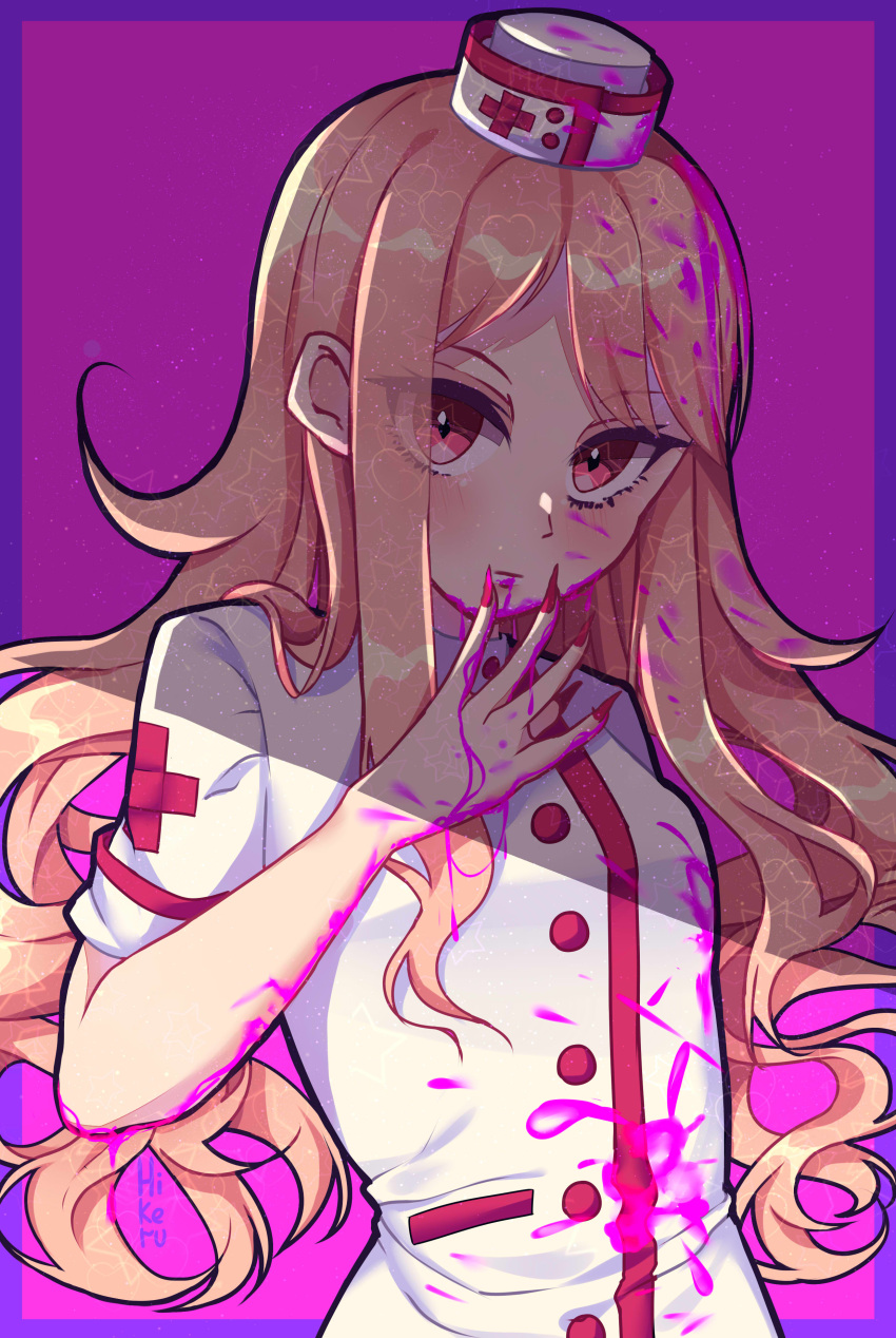 1girl :| absurdres artist_name blonde_hair blood blood_on_face bloody_clothes bloody_hands blush closed_mouth eyes_visible_through_hair hat heart highres hikeru_(hikerumin) long_hair looking_at_viewer nail_polish nurse nurse_cap original pink_background pink_blood red_eyes red_nails shirt standing star sweat very_long_hair white_shirt