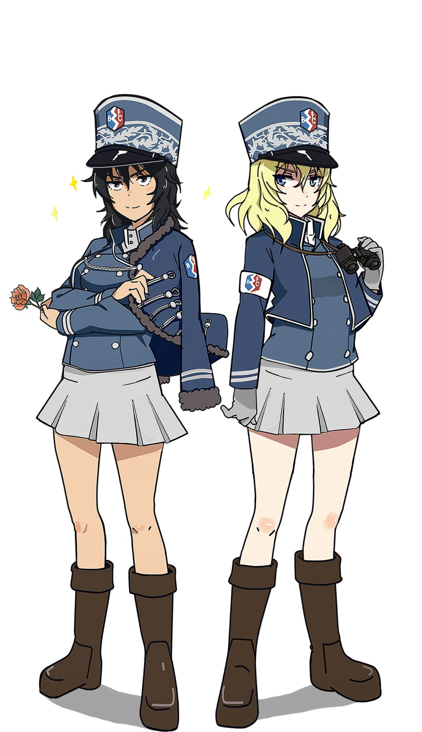 2girls adapted_uniform andou_(girls_und_panzer) arm_grab armband bangs bc_freedom_(emblem) bc_freedom_military_uniform binoculars black_footwear black_hair blonde_hair blue_eyes blue_hat blue_jacket blue_vest boots brown_eyes closed_mouth commentary crossed_arms dark_skin dress_shirt dress_uniform emblem eyebrows_visible_through_hair flower full_body girls_und_panzer gloves hat high_collar highres holding holding_binoculars holding_flower jacket jacket_on_shoulders knee_boots long_sleeves looking_at_viewer medium_hair messy_hair military military_hat military_uniform miniskirt multiple_girls oshida_(girls_und_panzer) perfect_han pleated_skirt red_flower red_rose rose shadow shako_cap shirt simple_background skirt smile sparkle standing uniform v-shaped_eyebrows vest white_background white_gloves white_shirt white_skirt