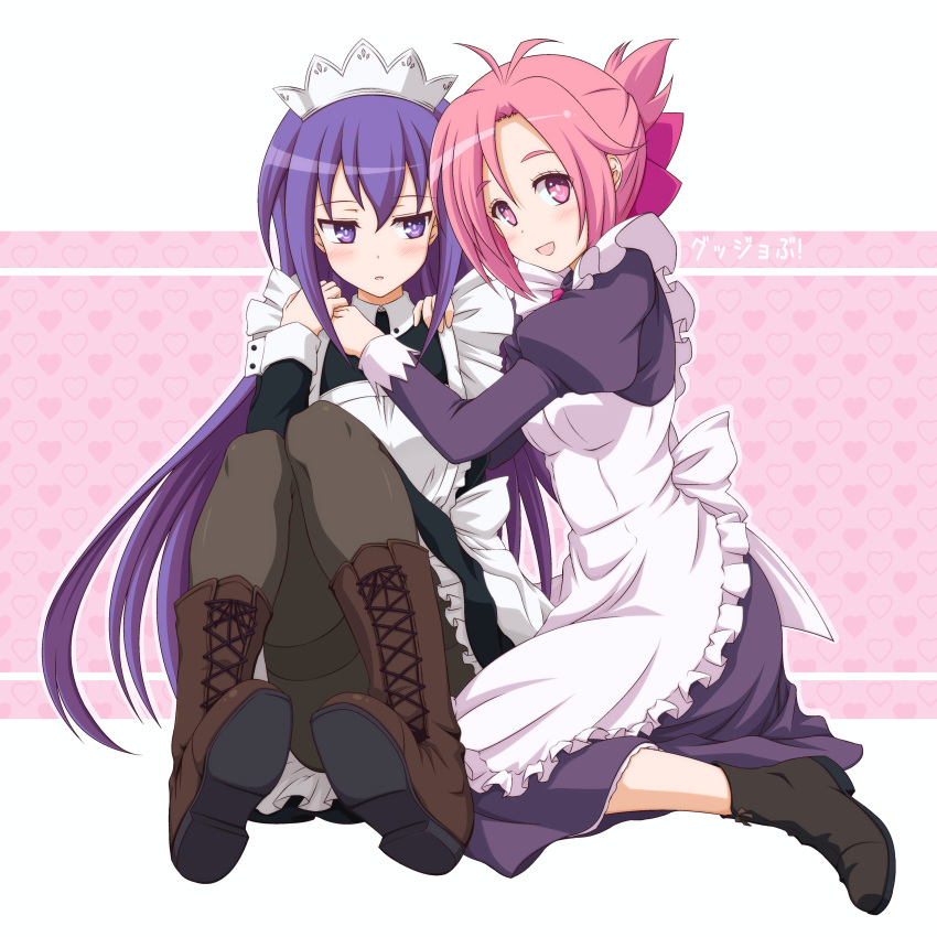 2girls absurdres alternate_costume amatsuka_megumi_(gj-bu) antenna_hair apron bangs black_legwear blush boots brown_footwear cross-laced_footwear enmaided eyebrows_visible_through_hair folded_ponytail frilled_apron frills full_body gj-bu heart heart_background highres juliet_sleeves knee_boots knees_up lace-up_boots long_hair long_sleeves looking_at_viewer looking_to_the_side maid multiple_girls outline pantyhose pink_eyes pink_hair puffy_sleeves purple_hair revision shira-nyoro shoe_soles sitting sumeragi_shion thighband_pantyhose white_background white_outline yokozuwari