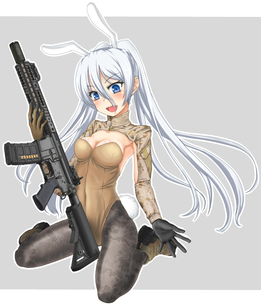 1girl animal_ears ar-15 assault_rifle bangs black_legwear blue_eyes blush breasts brown_eyes brown_footwear brown_leotard bunny_tail camouflage camouflage_legwear cleavage commentary_request covered_navel eyebrows_visible_through_hair fake_animal_ears fake_tail full_body grey_background gun hair_between_eyes highleg highleg_leotard highres holding holding_gun holding_weapon leotard long_hair long_sleeves looking_at_viewer medium_breasts open_mouth original outside_border pantyhose petag2 rabbit_ears rifle shoes shrug_(clothing) silver_hair sitting smile solo strapless strapless_leotard tail weapon zipper