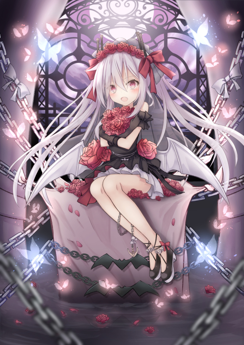 1girl :d anchor azur_lane bangs bare_shoulders black_dress black_footwear black_gloves bow bug butterfly chains commentary_request dress eyebrows_visible_through_hair fang flower gloves hair_between_eyes hair_bow hair_flower hair_ornament high_heels highres insect long_hair looking_at_viewer nishina_kakeri open_mouth pleated_dress red_bow red_eyes red_flower red_rose rose shoes silver_hair sitting smile solo twintails vampire_(azur_lane) very_long_hair white_bow white_flower white_rose