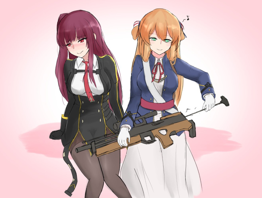 2girls arm_support bangs blush breasts brown_hair bullpup character_request cleaning_gun closed_mouth dress eyebrows_visible_through_hair flying_sweatdrops girls_frontline gloves green_eyes gun hadoukirby hair_between_eyes hands_on_own_face holding holding_weapon long_hair m1903_springfield_(girls_frontline) multiple_girls musical_note necktie nose_blush pantyhose purple_hair rifle sexually_suggestive smile sniper_rifle thought_bubble wa2000_(girls_frontline) walther walther_wa_2000 weapon