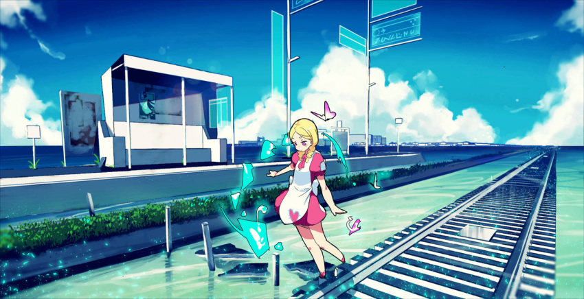 1girl apron balancing bangs blonde_hair blush braid bug butterfly clouds cloudy_sky dress heart highres insect looking_down original parted_bangs patches pink_dress pink_eyes puffy_short_sleeves puffy_sleeves railroad_tracks rumo short_sleeves sky standing standing_on_one_leg train_station twin_braids