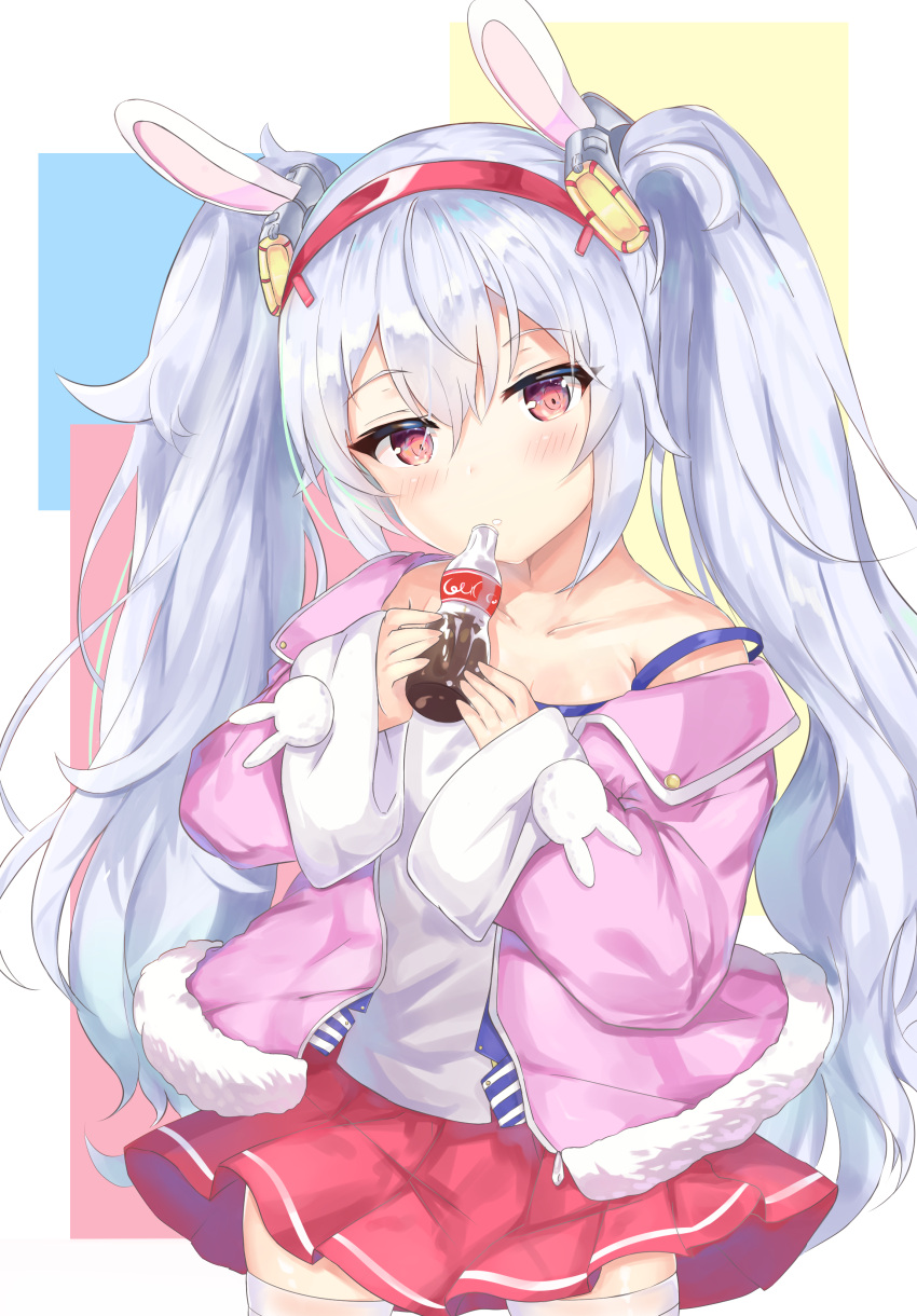 1girl absurdres animal_ears azur_lane bangs bare_shoulders blush bottle breasts camisole coke coke_bottle collarbone commentary_request cowboy_shot eyebrows_visible_through_hair hair_between_eyes hair_ornament hairband head_tilt highres holding holding_bottle jacket laffey_(azur_lane) lisu long_hair long_sleeves off_shoulder open_clothes open_jacket parted_lips pink_jacket pleated_skirt rabbit_ears red_eyes red_hairband red_skirt silver_hair skirt sleeves_past_wrists small_breasts solo strap_slip thigh-highs twintails very_long_hair white_camisole white_legwear wide_sleeves