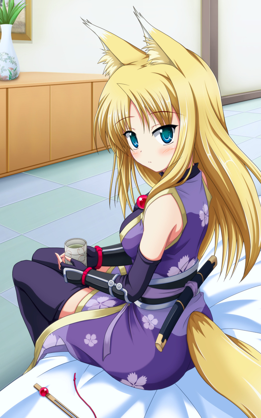 1girl absurdres animal_ear_fluff animal_ears bangs bare_shoulders bed_sheet black_gloves black_legwear blush cup dog_days drinking_glass elbow_gloves eyebrows_visible_through_hair fingerless_gloves fox_ears fox_tail gauntlets gloves green_eyes hair_down highres holding holding_cup indoors japanese_clothes long_hair looking_at_viewer looking_back painting_(object) revision sash sheath shira-nyoro sitting sleeveless solo tail tea thigh-highs tile_floor tiles vase yukikaze_panettone zettai_ryouiki