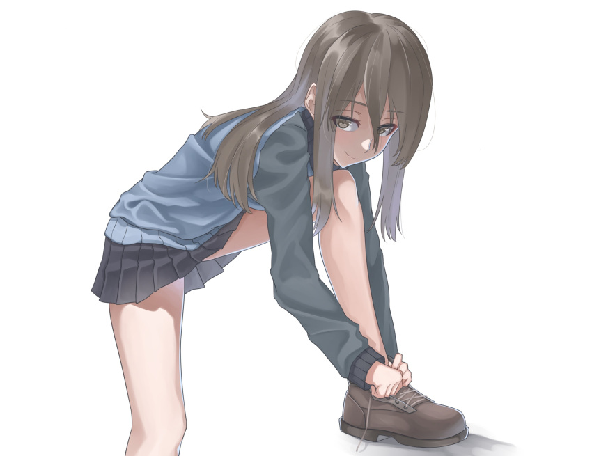 1girl absurdres ankle_boots blue_footwear blue_jacket blue_skirt boots brown_eyes brown_hair closed_mouth commentary_request emblem girls_und_panzer grey_legwear hair_between_eyes highres jacket keizoku_military_uniform leaning_forward leg_up long_hair long_sleeves looking_at_viewer mika_(girls_und_panzer) military military_uniform miniskirt no_hat no_headwear pleated_skirt raglan_sleeves roivas shoes skirt smile socks solo standing track_jacket tying_shoes uniform white_background