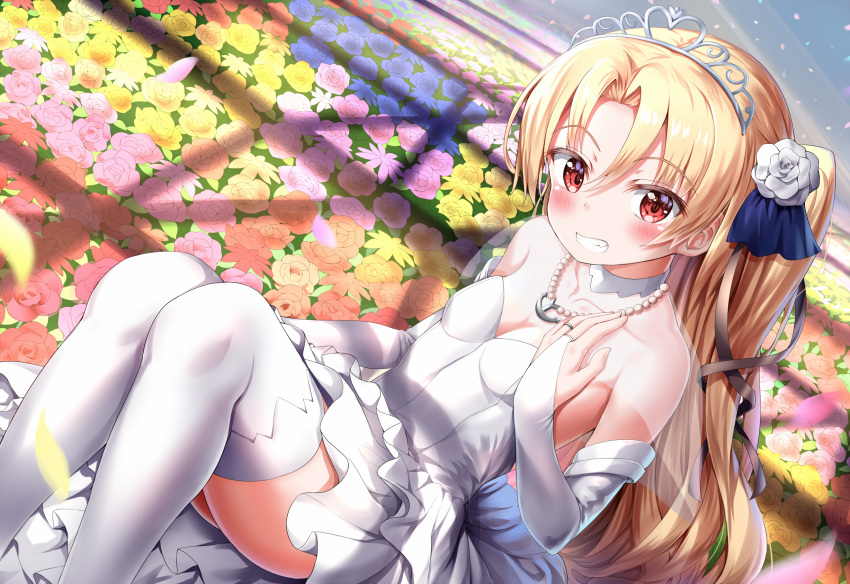 1girl azur_lane bangs bare_shoulders blonde_hair blue_flower blue_ribbon blue_rose blurry blurry_foreground blush bridal_gauntlets cleveland_(azur_lane) collarbone commentary_request depth_of_field dress eyebrows_visible_through_hair flower grin hair_between_eyes hair_flower hair_ornament hair_ribbon hand_on_own_chest hand_up highres jewelry long_hair necklace nedia_(nedia_region) one_side_up pearl_necklace petals pink_flower pink_rose red_eyes ribbon rose sitting smile solo strapless strapless_dress thigh-highs tiara very_long_hair white_dress white_flower white_legwear white_rose yellow_flower yellow_rose