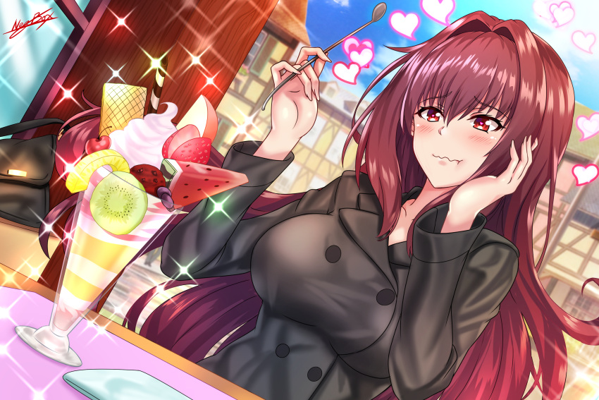absurdres artist_name bag blue_sky breasts buttons coat day eating fate/grand_order fate_(series) food fruit hand_on_own_face handbag heart heart-shaped_pupils highres large_breasts long_hair napkin nez-kun outdoors parfait purple_hair red_eyes scathach_(fate)_(all) scathach_(fate/grand_order) sky sparkle spoon symbol-shaped_pupils table tablecloth wafer wavy_mouth window