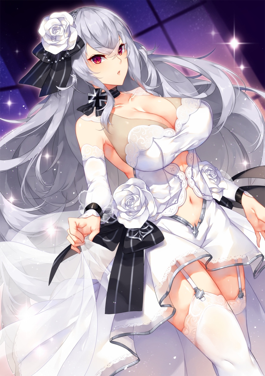 1girl alternate_costume armpits artist_request azur_lane bangs blurry blurry_background blush breasts bridal_veil bride church cleavage cowboy_shot dress elbow_gloves eyebrows_visible_through_hair floating_hair flower garter_straps gloves graf_zeppelin_(azur_lane) hair_between_eyes highres jewelry lace lace-trimmed_thighhighs large_breasts light_particles long_hair looking_at_viewer messy_hair night open_mouth petals red_eyes ring rose sidelocks silver_hair sky smile sparkle star_(sky) starry_sky thigh-highs thighs tiara transparent veil wedding_dress wedding_ring white_dress white_flower white_gloves white_legwear white_rose