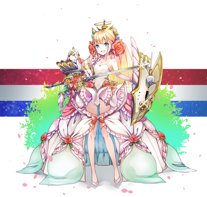 1girl :d azur_lane bangs bare_shoulders blonde_hair blue_eyes blush bouquet bow brown_flower brown_rose commentary_request dress earrings eyebrows_visible_through_hair flower glint hair_flower hair_ornament headgear holding holding_bouquet holding_shield holding_sword holding_weapon jewelry le_triomphant_(azur_lane) open_mouth petals pilokey pink_footwear red_bow red_flower red_rose rose round_teeth shield shoes sidelocks smile solo standing strapless strapless_dress striped striped_bow sword teeth torpedo upper_teeth weapon wedding_dress yellow_flower yellow_rose