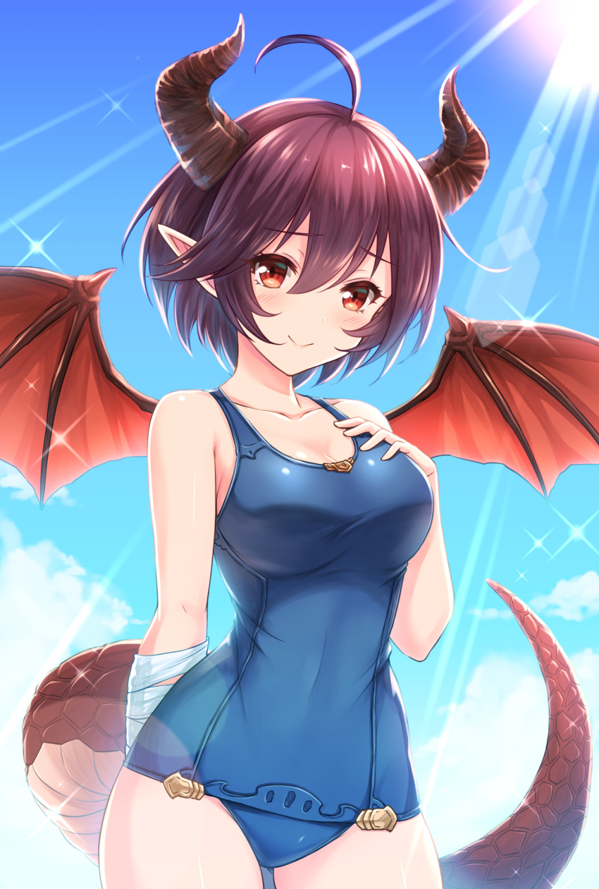 1girl ahoge arm_behind_back bandage bandaged_arm bandages bangs blue_sky blush breasts cleavage clouds collarbone commentary_request cowboy_shot day dragon_girl dragon_horns dragon_tail dragon_wings eyebrows_visible_through_hair granblue_fantasy grea_(shingeki_no_bahamut) hair_between_eyes hand_on_own_chest highres horns lens_flare looking_at_viewer medium_breasts one-piece_swimsuit outdoors pointy_ears purple_hair red_eyes school_swimsuit short_hair sky smile solo standing sunlight swimsuit tail tomo_(user_hes4085) wings