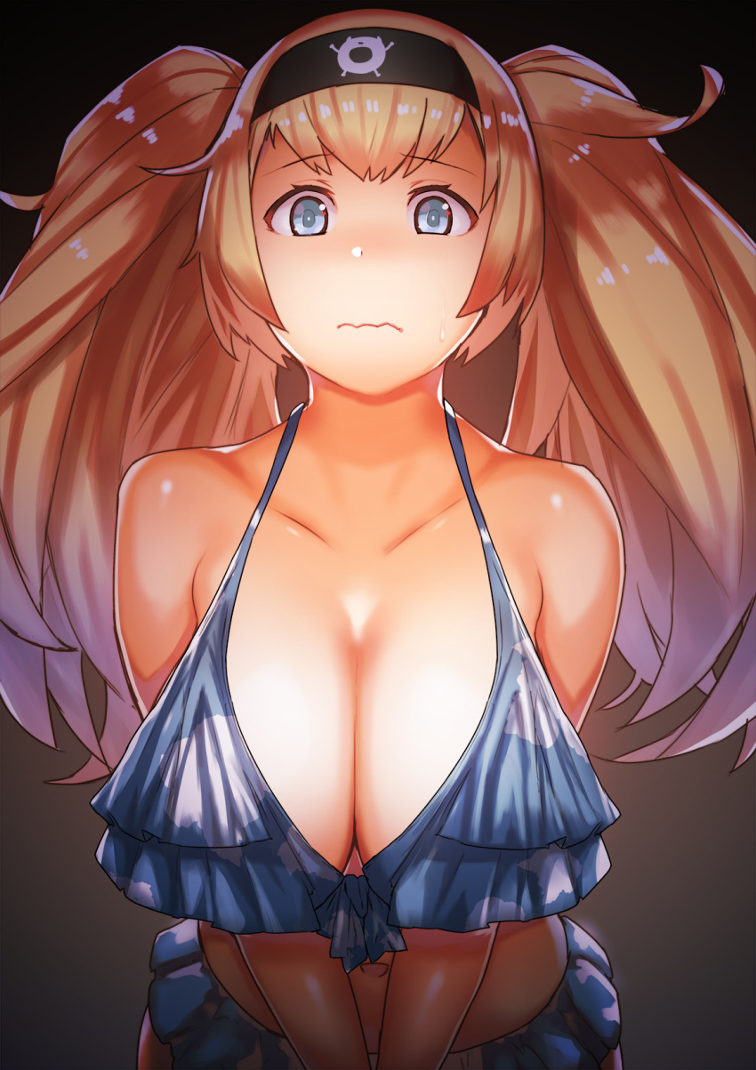 1girl bikini blonde_hair blue_bikini blue_eyes blush breasts cleavage collarbone commentary_request eyebrows_visible_through_hair frilled_bikini frills gambier_bay_(kantai_collection) hair_between_eyes hairband highres jack_hamster kantai_collection large_breasts leaning_forward long_hair open_mouth simple_background solo swimsuit twintails wavy_mouth