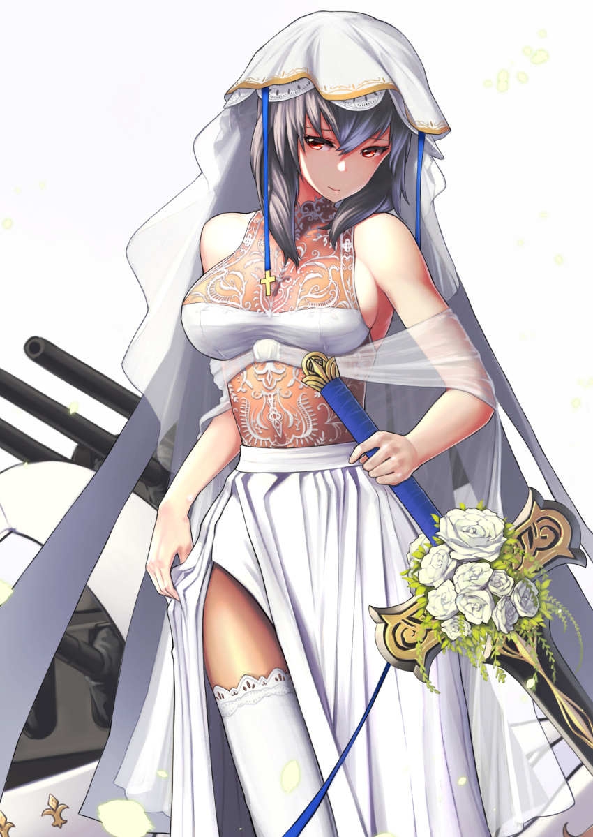 1girl azur_lane bangs blue_ribbon bouquet breasts bridal_veil cannon closed_mouth cowboy_shot dress flower gradient gradient_background grey_hair hair_between_eyes hair_ornament head_tilt highres holding holding_sword holding_weapon itaco1987 lace lace-trimmed_thighhighs large_breasts long_hair looking_at_viewer machinery mole mole_under_eye petals red_eyes ribbon rigging rose saint-louis_(azur_lane) see-through shawl sideboob sidelocks simple_background skindentation smile solo sword thigh-highs transparent turret veil weapon wedding_dress white_dress white_flower white_legwear white_rose