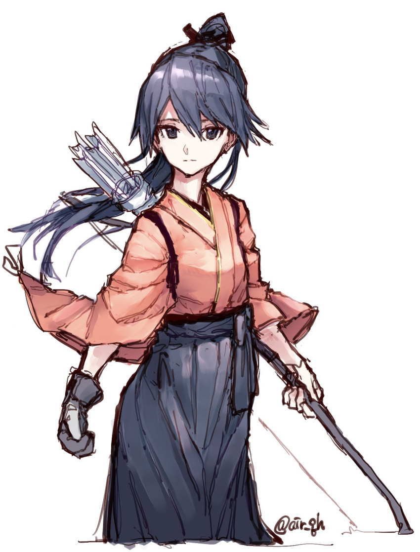 1girl air_qh arrow blue_hair blue_hakama bow_(weapon) cowboy_shot gloves hair_ribbon hakama highres holding holding_bow_(weapon) holding_weapon houshou_(kantai_collection) japanese_clothes kantai_collection kimono looking_at_viewer partly_fingerless_gloves pink_kimono ponytail quiver ribbon simple_background solo tasuki twitter_username weapon white_background yugake