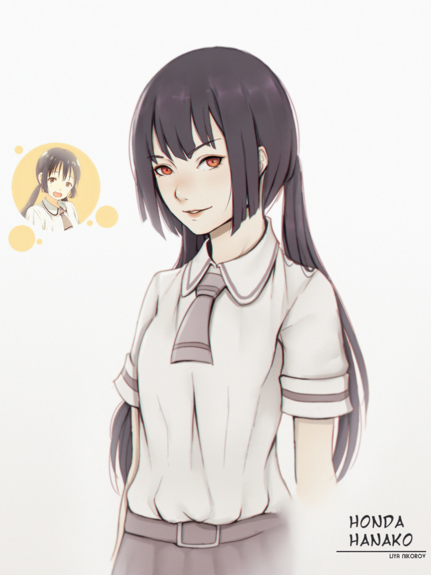 1girl absurdres artist_name asobi_asobase bangs belt black_hair blush breasts character_name collared_shirt grey_skirt highres honda_hanako lips liya_nikorov long_hair looking_at_viewer low_twintails parted_lips red_eyes school_uniform shirt short_sleeves skirt small_breasts smile solo twintails white_shirt