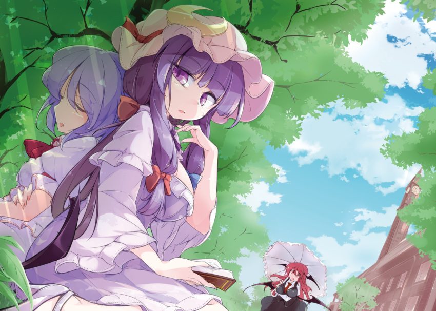 3girls bat_wings blue_bow blue_hair blue_sky book bow braid breasts closed_eyes clouds commentary_request crescent crescent_moon_pin eyebrows_visible_through_hair fumitsuki_(minaduki_6) hat hat_ornament head_wings high_heels holding holding_book koakuma large_breasts light_rays looking_at_viewer multiple_girls no_hat no_headwear open_book parasol patchouli_knowledge purple_hair red_bow red_eyes red_neckwear redhead remilia_scarlet scarlet_devil_mansion shadow sitting sky sunlight touhou tree twin_braids umbrella violet_eyes wings